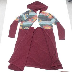 7th Ray Cardigan Women's Small Burgundy Aztec Pockets Long Sleeve Hooded Sweater